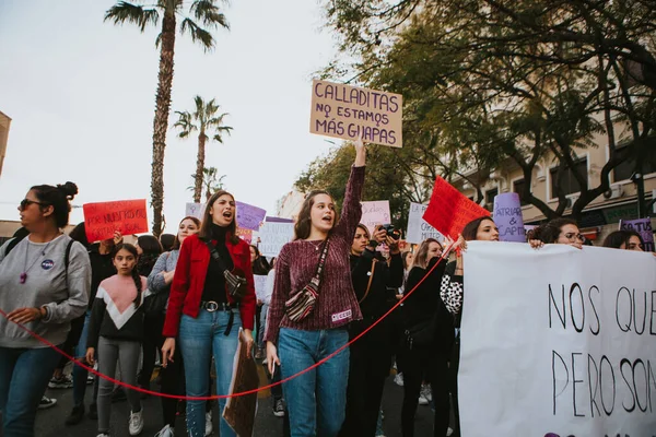 Malaga Spain March 2020 People Celebrating Woman Day Banners Placards — 图库照片