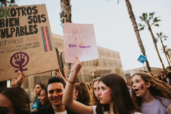 Malaga Spain March 2020 People Celebrating Woman Day Banners Placards — Stock fotografie