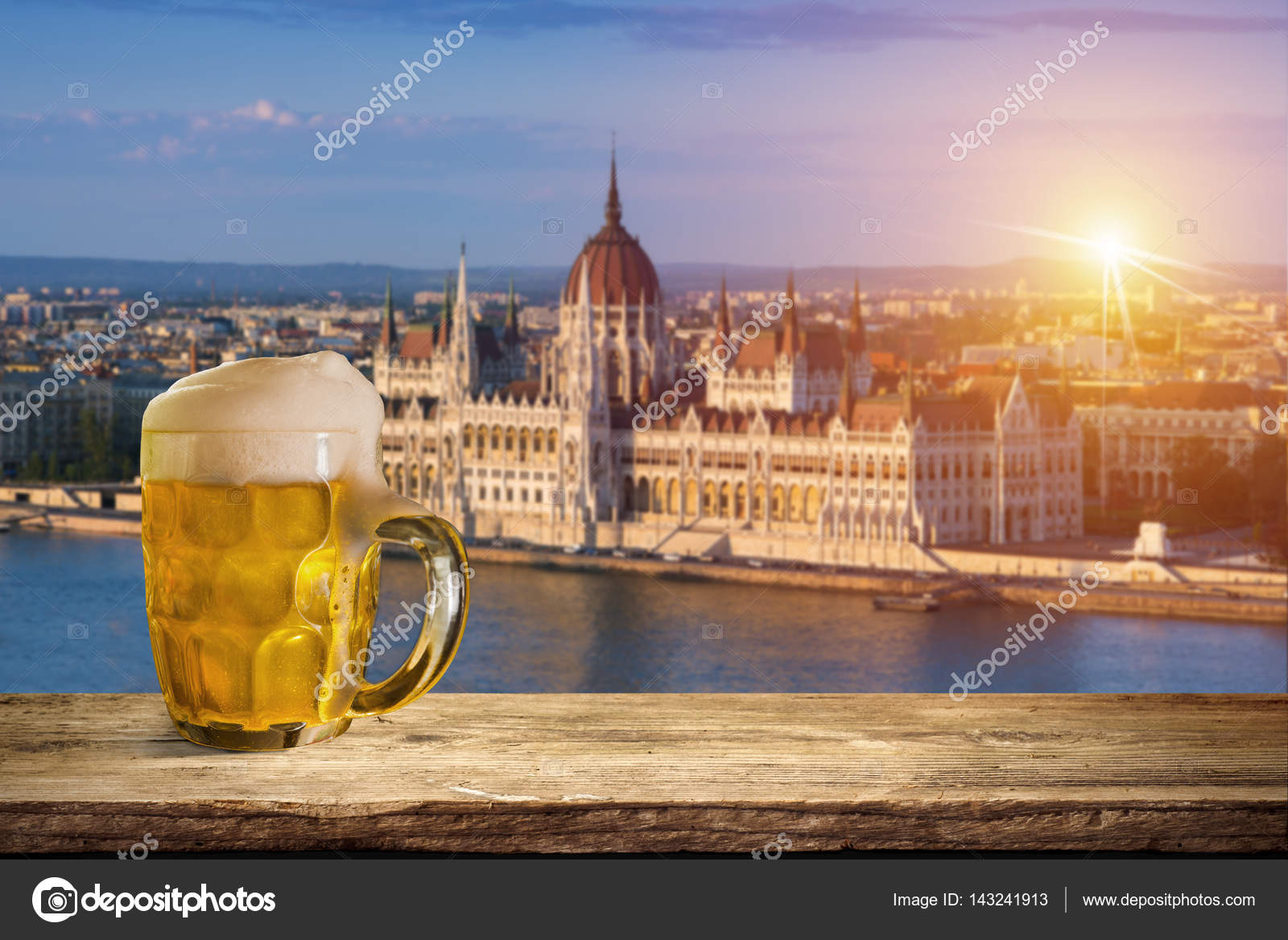 Two Steins Beer Garden In The City Soft Focus Stock Photo