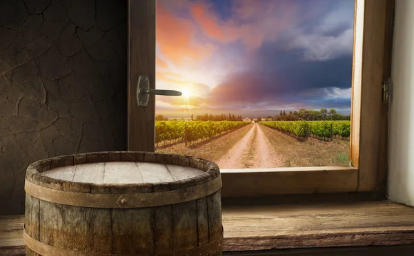 Vino blanco con barril en viñedo en Chianti, Toscana, Italia — Foto de Stock