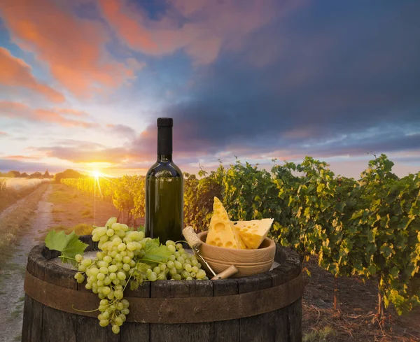 Red wine with barrel on vineyard in green Tuscany, Italy