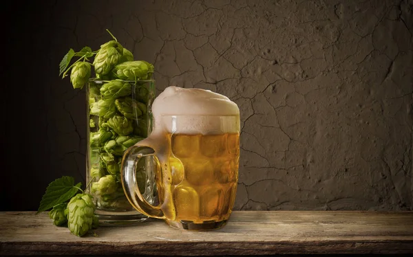 Hopfendolden mit Bier — Stockfoto