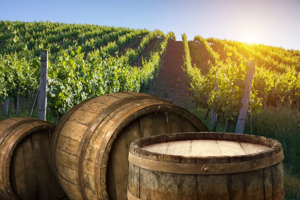 Красное вино с бочкой на винограднике в зеленой Тоскане, Италия. — стоковое фото