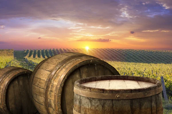 Vinho tinto com barril em vinha na Toscana verde, Itália — Fotografia de Stock