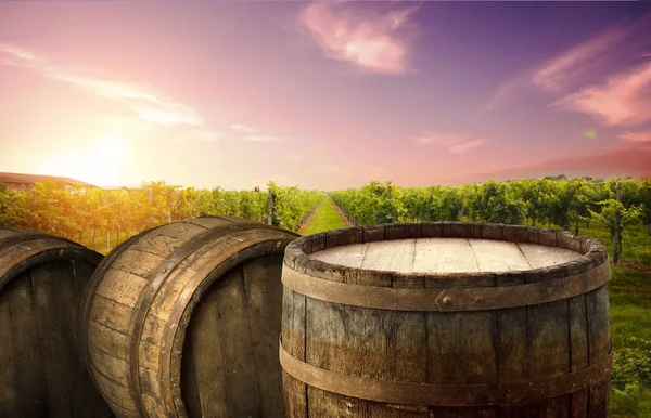 Red wine with barrel on vineyard in green Tuscany, Italy.