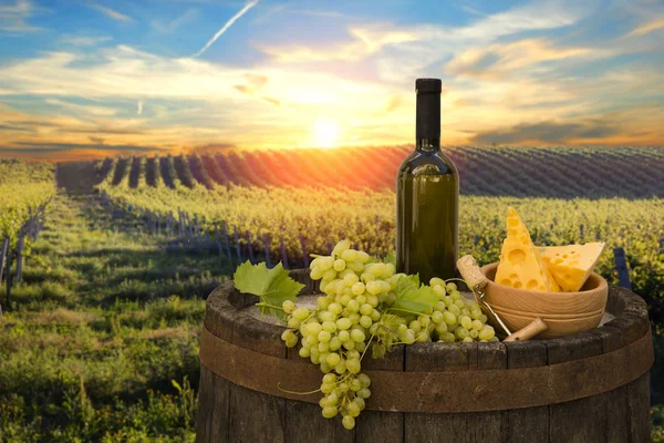 Vino rosso con botte su vigneto nella verde Toscana — Foto Stock