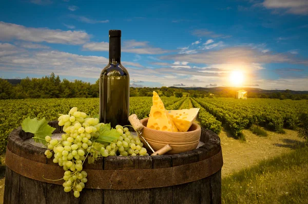 Vino rosso con botte su vigneto nella verde Toscana — Foto Stock