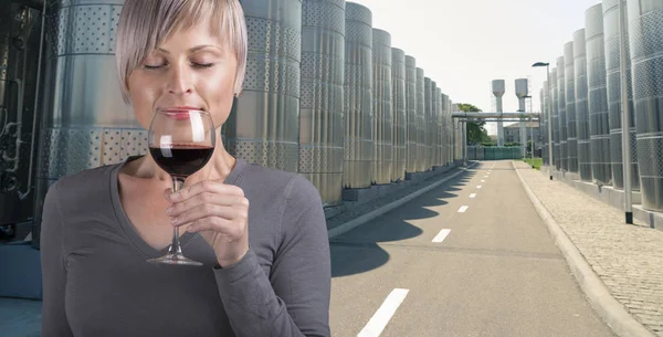 Retrato al aire libre de una hermosa mujer turista degustación de vinos . — Foto de Stock