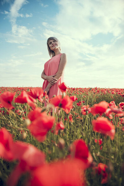 beautiful girl in a poppy field at sunset