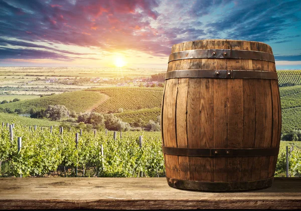 Rode wijn met vat op wijngaard in het groene Toscane, Italië — Stockfoto