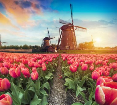 Sıcak ve bulutlu günbatımı üzerinde doğal, Unesco Dünya Mirası, Alblasserdam, Hollanda