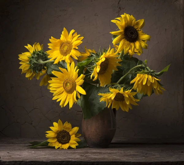 stock image Autumn background with sunflowers on wooden board