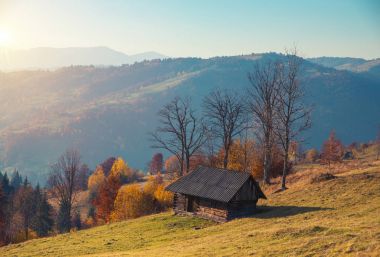 renkli sonbahar manzara dağ köyü. Karpat Dağları sisli sabah. sokilsky ridge, Ukrayna, Avrupa.