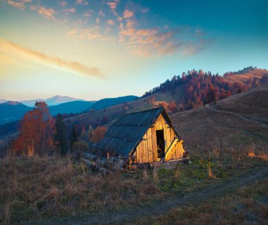 renkli sonbahar manzara dağ köyü. Karpat Dağları sisli sabah. sokilsky ridge, Ukrayna, Avrupa.