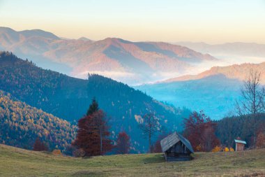 renkli sonbahar manzara dağ köyü. Karpat Dağları sisli sabah. sokilsky ridge, Ukrayna, Avrupa.