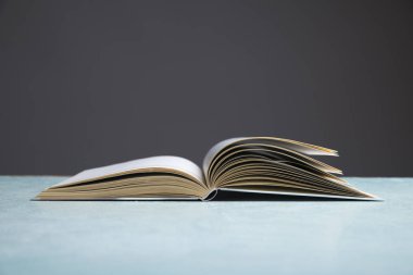 Kaliteli eski ciltli kitaplar, günlük ahşap güverte masasında ve kırmızı arka planda sayfaları olan kompozisyon. Kitaplar istifleniyor. Okula dönelim. Uzayı kopyala Eğitim geçmişi.