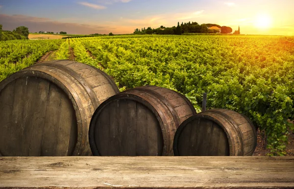 Rode wijn met vat op wijngaard in het groene Toscane, Italië — Stockfoto