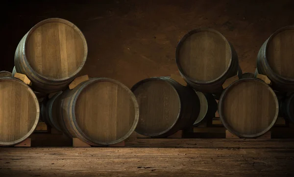 Barili di vino in botti di vino in ordine — Foto Stock