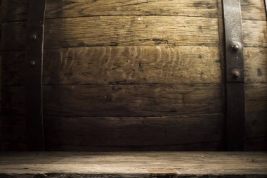 fıçının arka planı ve aşınmış eski ahşap masa