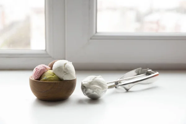 Variety of ice cream scoops in cones with chocolate, vanilla and strawberry — Stock Photo, Image