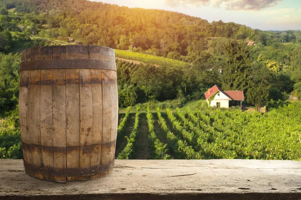 Red wine with barrel on vineyard in green Tuscany, Italy — Stock Photo, Image