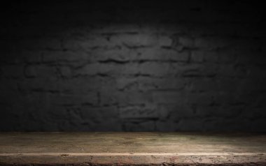 Rustik tuğla duvar bulanıklık arka plan önünde Ahşap masa ürün görüntülemek için masada boş kopyalama alanı ile. Retro tasarım montaj sunumu.