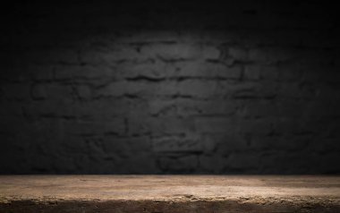 Rustik tuğla duvar bulanıklık arka plan önünde Ahşap masa ürün görüntülemek için masada boş kopyalama alanı ile. Retro tasarım montaj sunumu.