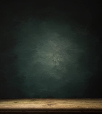 Rustik tuğla duvar bulanıklık arka plan önünde Ahşap masa ürün görüntülemek için masada boş kopyalama alanı ile. Retro tasarım montaj sunumu.