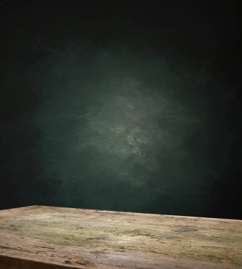 Rustik tuğla duvar bulanıklık arka plan önünde Ahşap masa ürün görüntülemek için masada boş kopyalama alanı ile. Retro tasarım montaj sunumu.