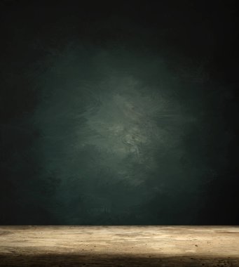 Rustik tuğla duvar bulanıklık arka plan önünde Ahşap masa ürün görüntülemek için masada boş kopyalama alanı ile. Retro tasarım montaj sunumu.