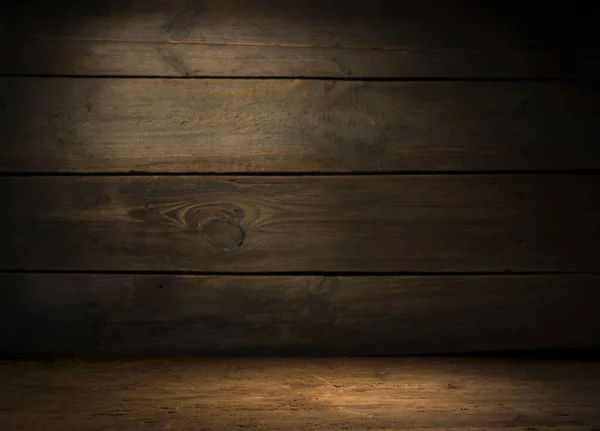 Wood brown grain texture, dark wall background, top view of wooden table — Stock Photo, Image