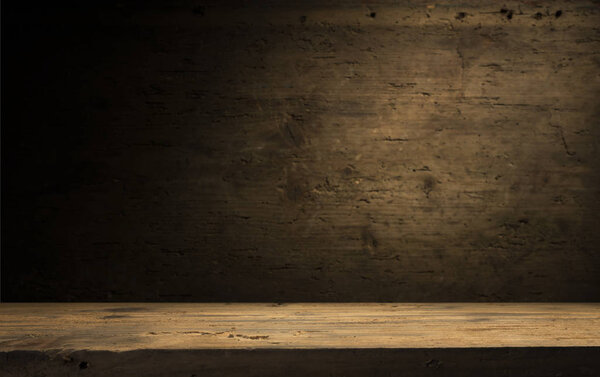 wood brown grain texture, dark wall background, top view of wooden table