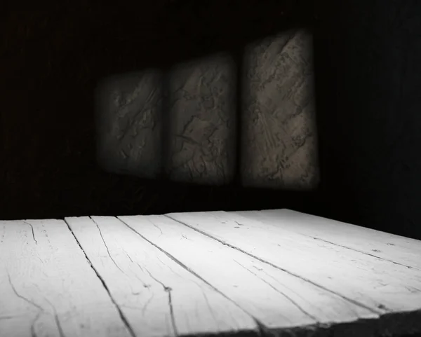 Oude Houten Tafel Met Wazig Beton Blok Muur Donkere Kamer — Stockfoto