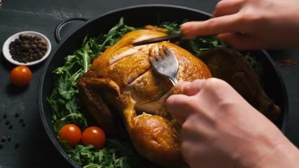 Gebratenes Huhn oder Truthahn, geschnitten von den Händen einer Person mit grünen Kräutern in einer eisernen Schüssel — Stockvideo