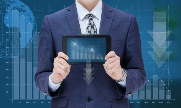 Businessman showing a mobile computer a schedule of loss. — Stock Photo, Image