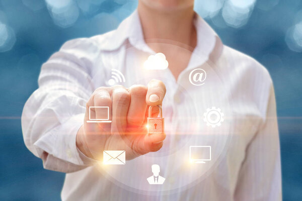 A businesswoman shows installed protection .