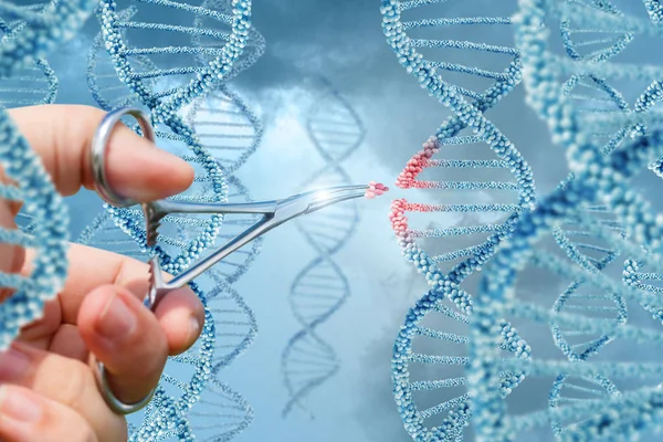 Hand inserts a molecule into DNA. — Stock Photo, Image