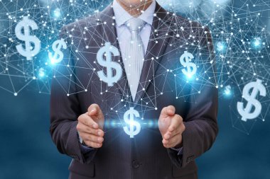 İşadamı ağındaki dolar ile çalışır.