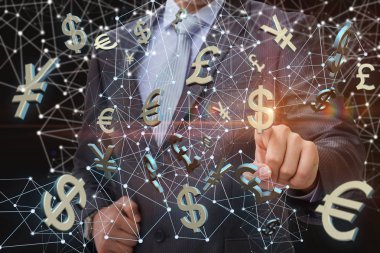 Arka plan ağ Doları sembolü işadamı tıkladığında.