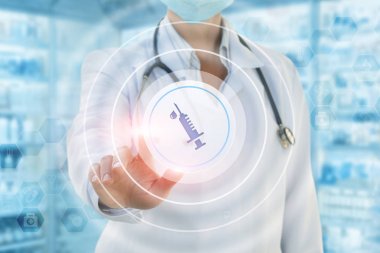 Aşı düğmesini tıkladığında doktor.