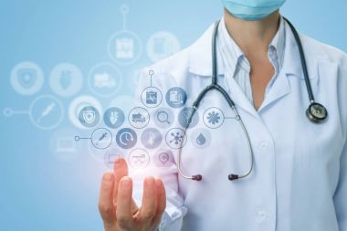 Doktor test ve tıbbi hizmeti simgelerini gösterir.