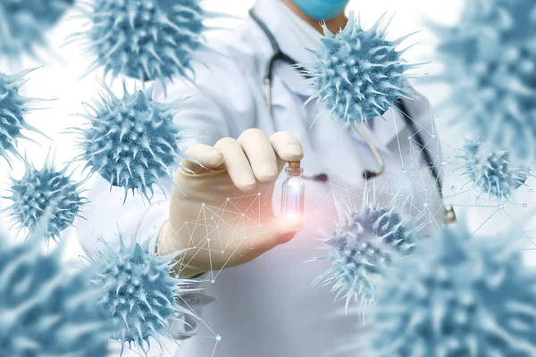 Doctor shows a vaccine on the background of the viruses. — Stock Photo, Image