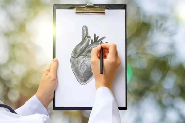 Ο γιατρός σχεδιάζει ένα σκίτσο της ανθρώπινης καρδιάς . — Φωτογραφία Αρχείου