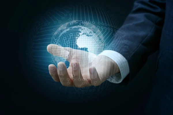 HAND shows the global network . — Stock Photo, Image