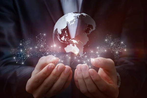 Hands men show global network connections . — Stock Photo, Image
