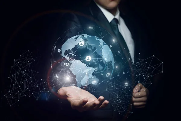 Man shows a global business network. — Stock Photo, Image