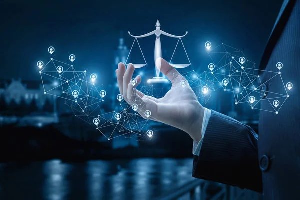 Scales of justice against the background of the clients . — Stock Photo, Image