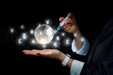 Küresel ekonomik kriz için aşı ve tedavi kavramı.