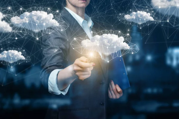 Businessman running in a network cloud data . — Stock Photo, Image