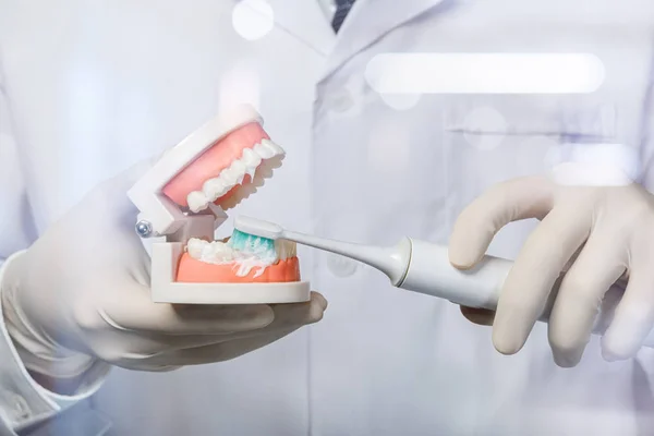 Doctor shows how to correctly brush their teeth . — Stock Photo, Image